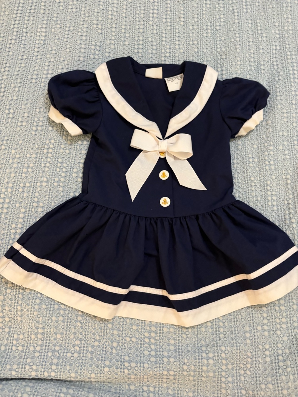 Vintage 80s Pretty as a Picture Navy Blue Sailor Dress Cream Trim Bow Girls sz3T